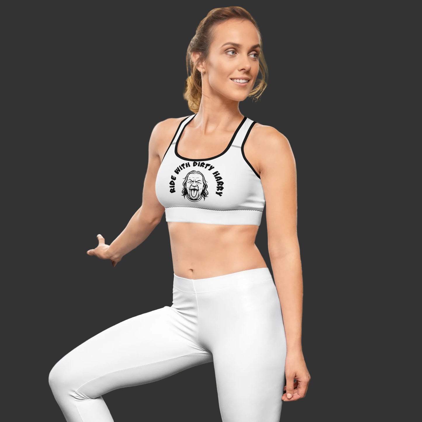 : Black padded sports bra with Dirty Harry design front view