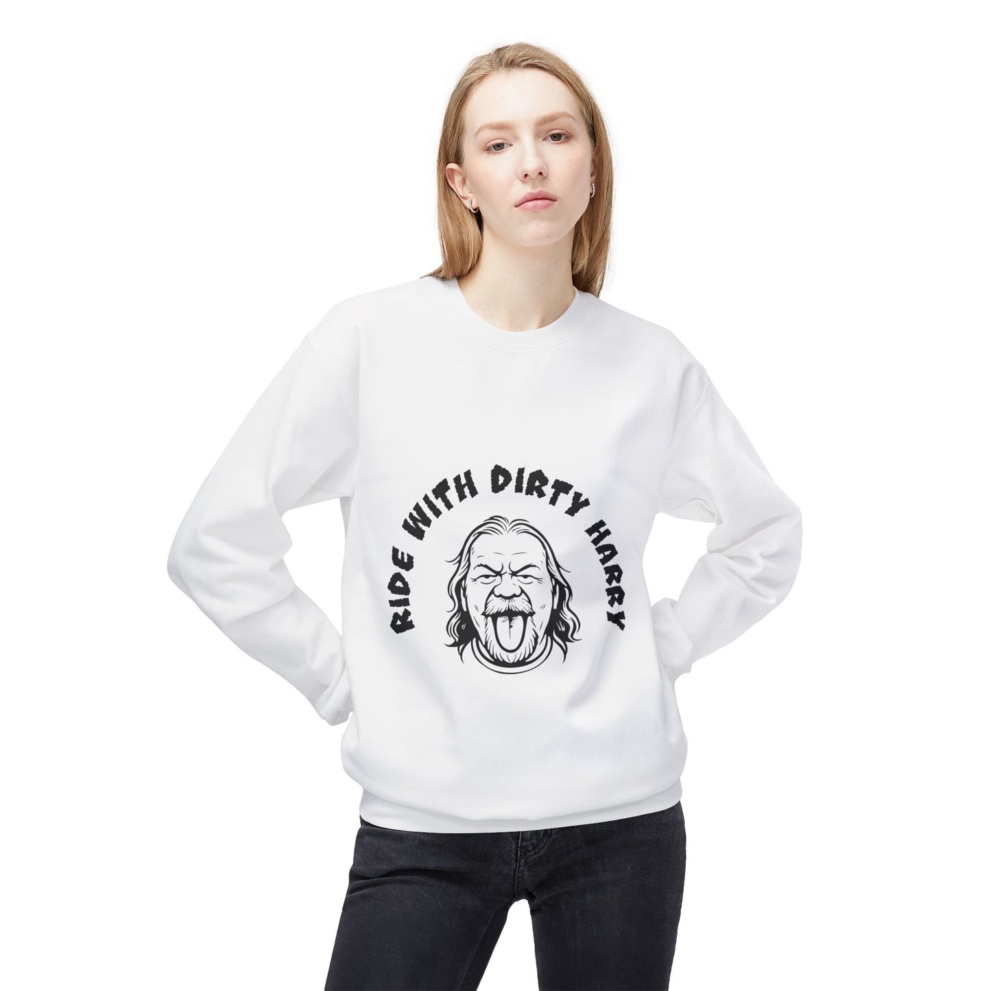 Ride With Dirty Harry Crewneck Sweatshirt — Vintage Biker Graphic Pullover