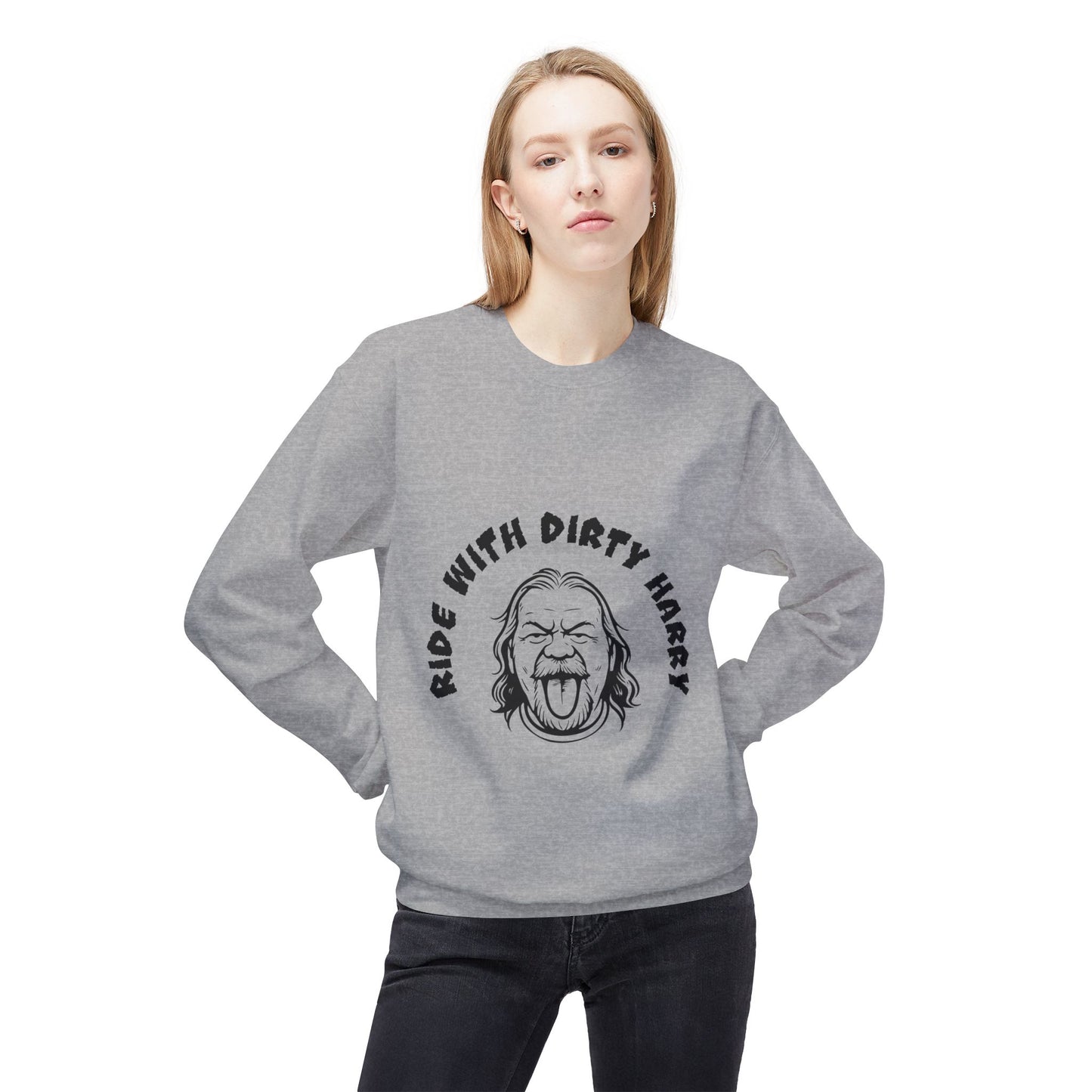 Ride With Dirty Harry Crewneck Sweatshirt — Vintage Biker Graphic Pullover