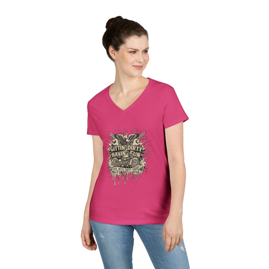 Gittin' Dirty Havin' Fun V-Neck Tee — Vintage Monster Truck Graphic