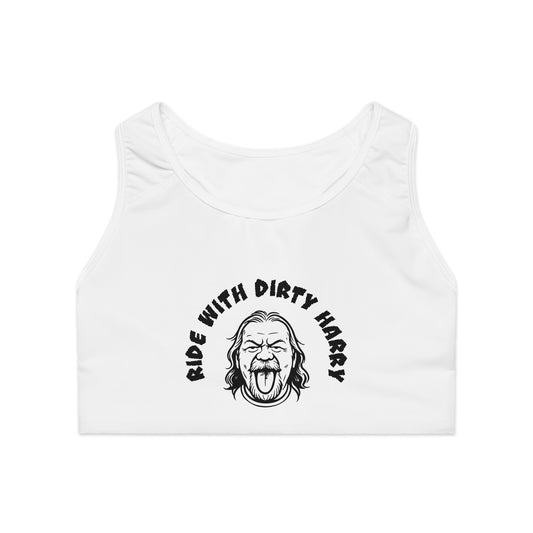 Ride With Dirty Harry Sports Bra — Graphic Biker Crop Top