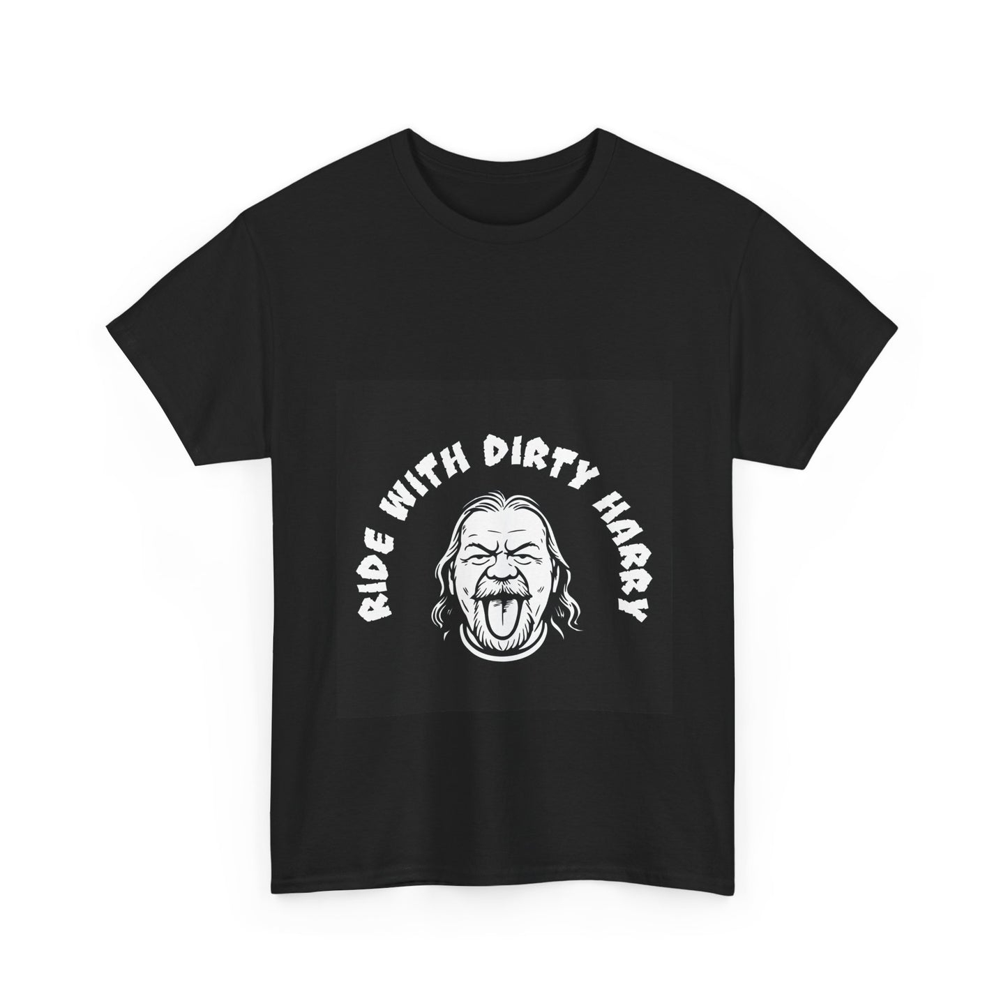 Black t-shirt with graphic design and text on a white background