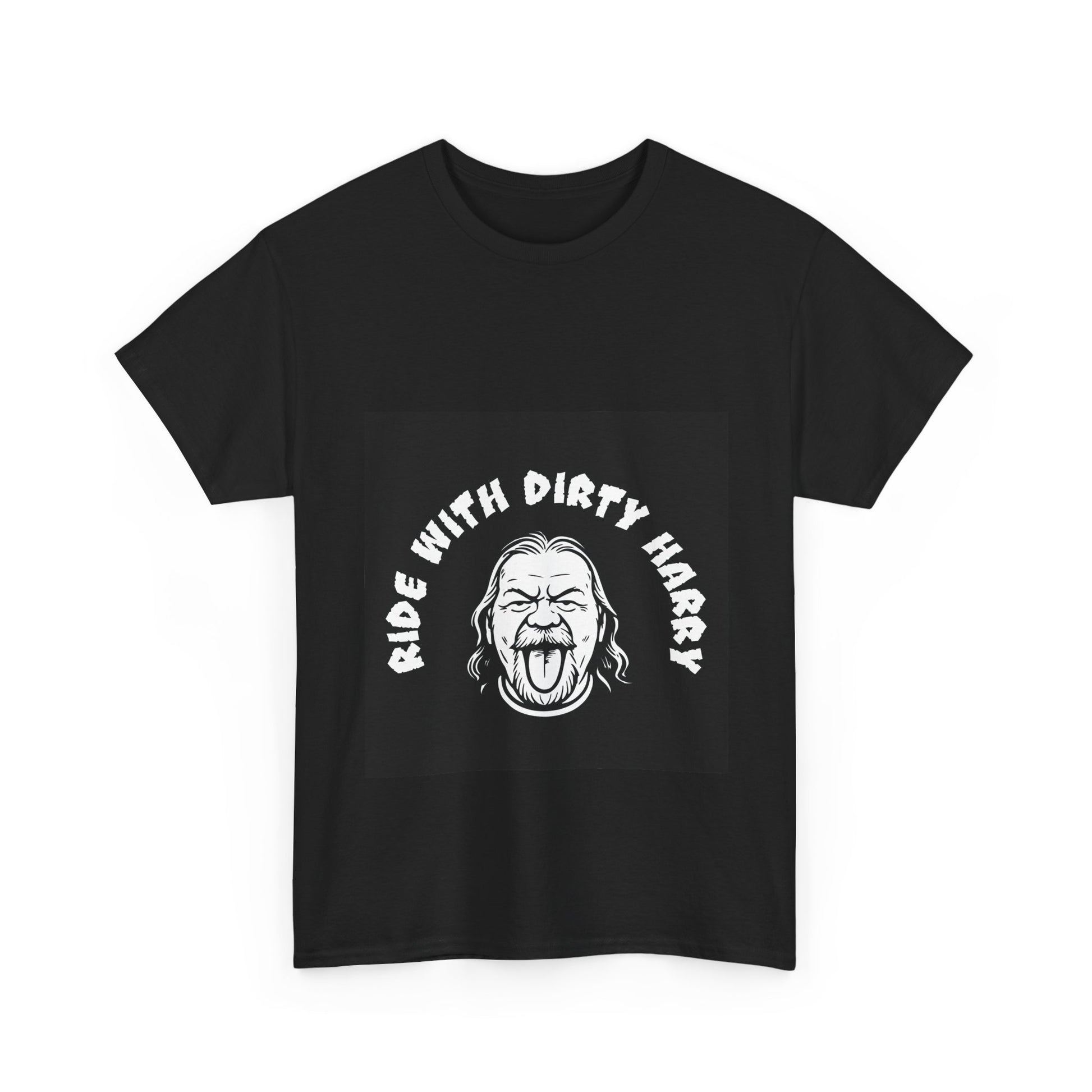 Black t-shirt with graphic design and text on a white background