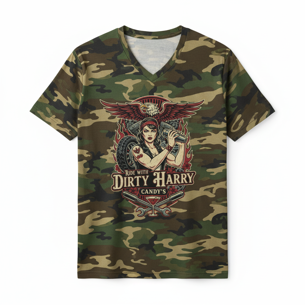 Biker eagle v-neck t-shirt in camouflage