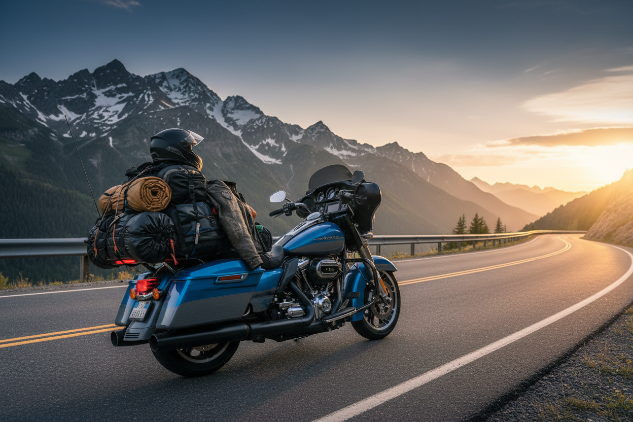 Two-tone bright blue and grey Electra Glide fully loaded
